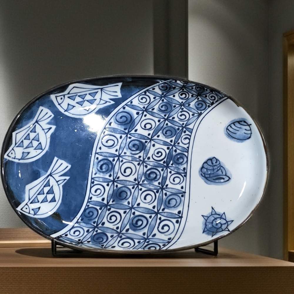 Vintage Mino Ware Chiyama Kiln Japanese Blue & White Fish & Shells Oval Plate
